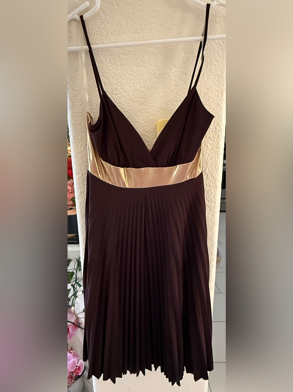 Hottie : ( Large ) Brown slinky Spaghetti Strap Dress with Gold Waistband NWOT